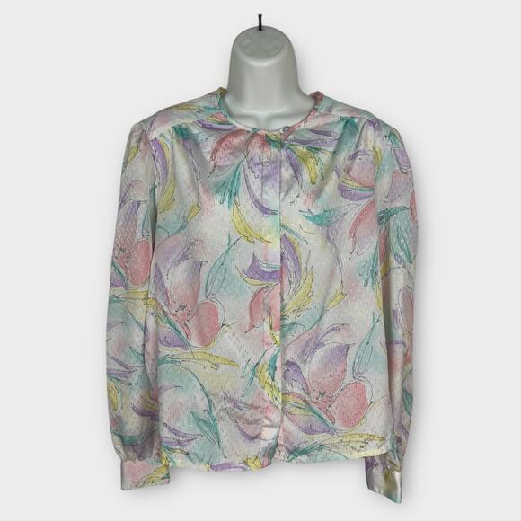Pykettes Tops - Vintage 70s White Watercolor Floral Pastel Metallic Secretary Blouse Size Large‎